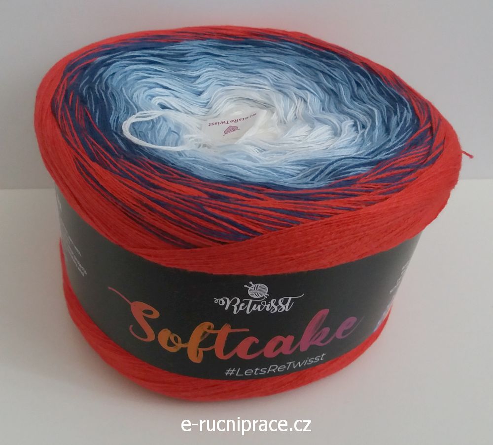 Soft Cake - červeno-modro-bílé duhové klubíčko; 250 g