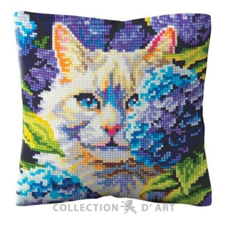 Dart5501 - Kočka v hortenziích (polštář na vyšívání)